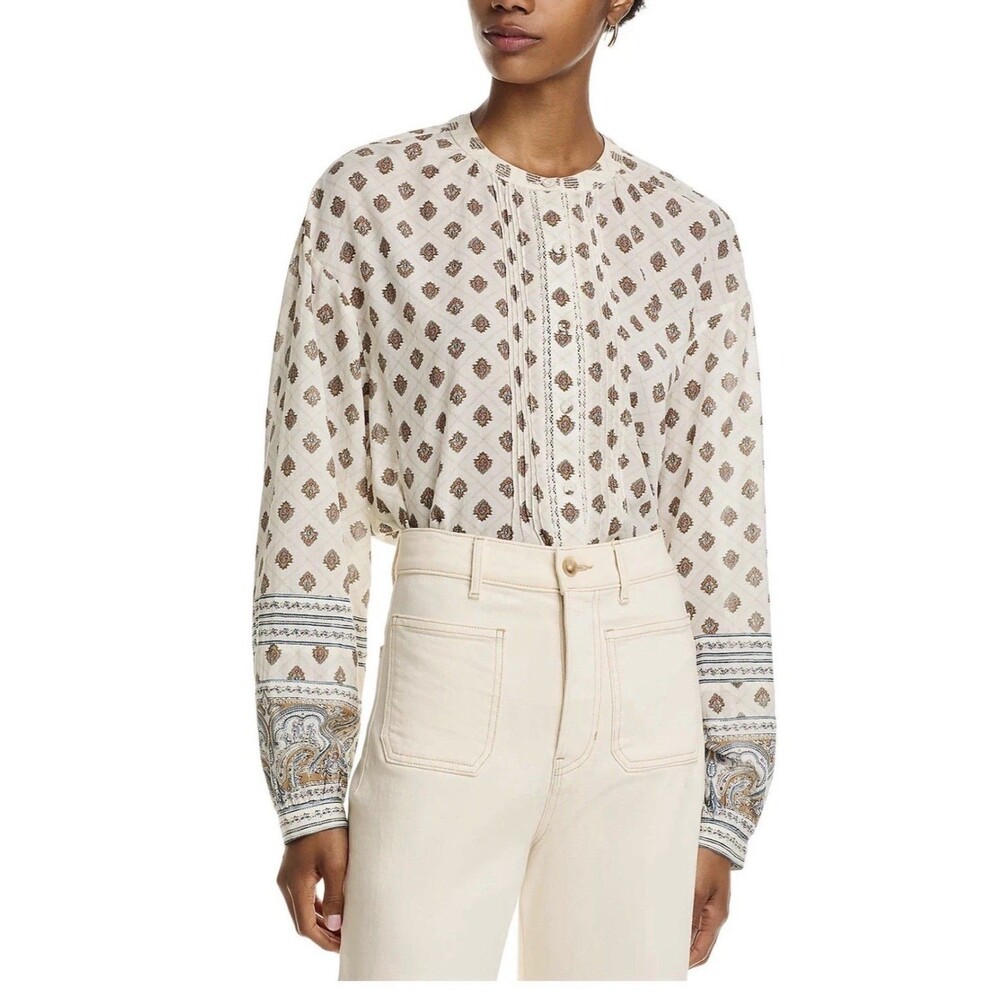 Veronica Beard L103425 Womens Lollie Printed Pintuck Blouse Dove Multi Size L
